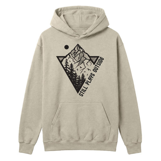 Sand hoodie with mountain and pine tree graphic and “Still Plays Outside” text