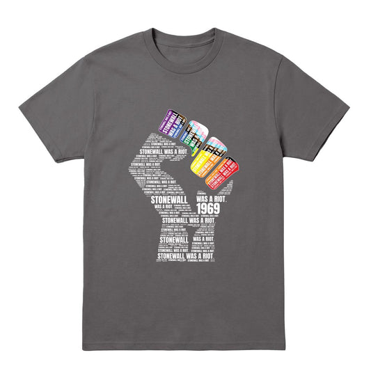 Charcoal T-shirt with raised fist graphic made from “Stonewall Was a Riot” text and rainbow pride colours