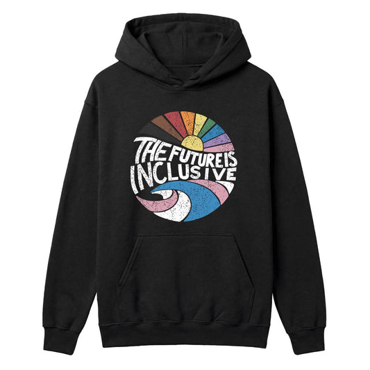 Black hoodie with retro rainbow design and “The Future Is Inclusive” text