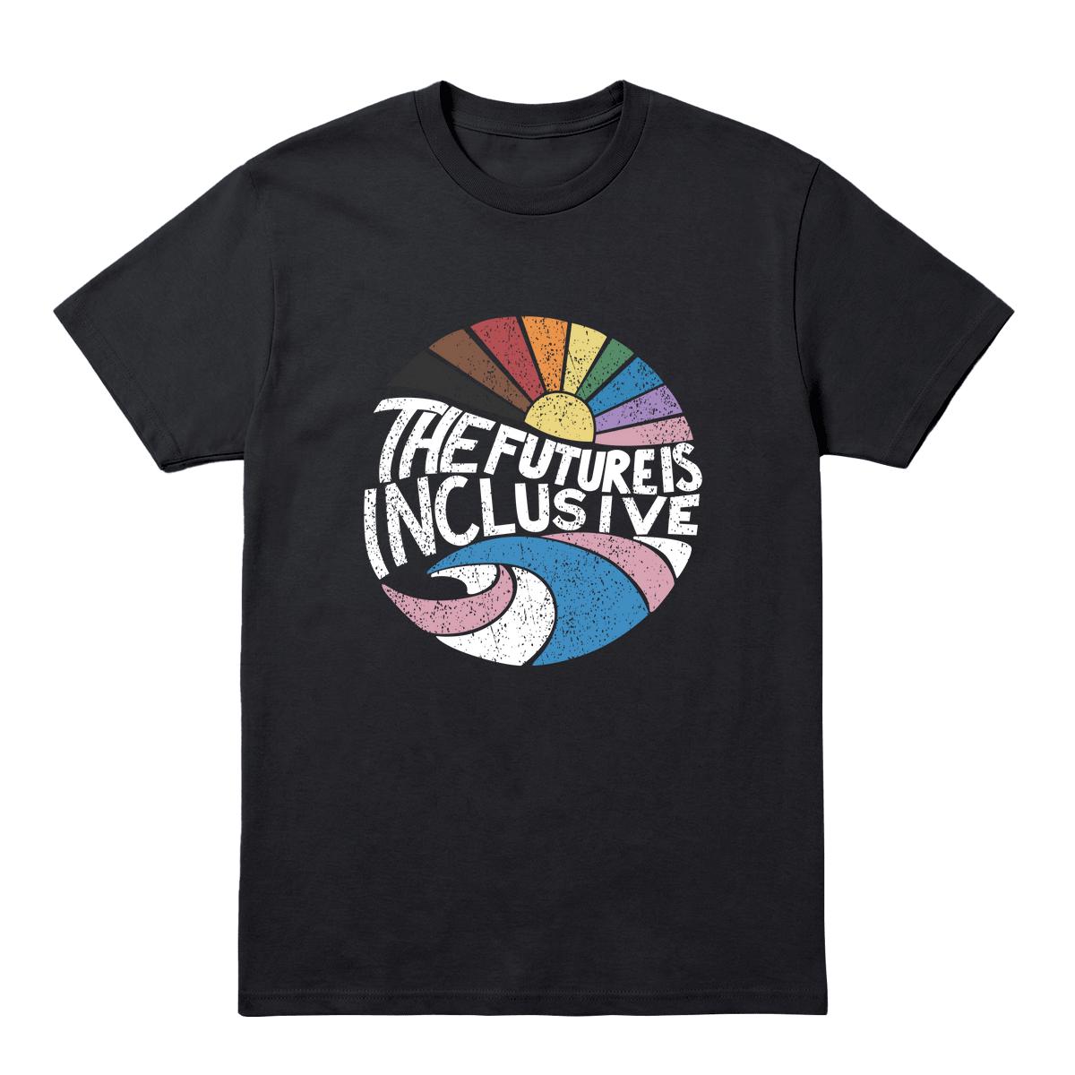 Black T-shirt with retro rainbow design and “The Future Is Inclusive” text