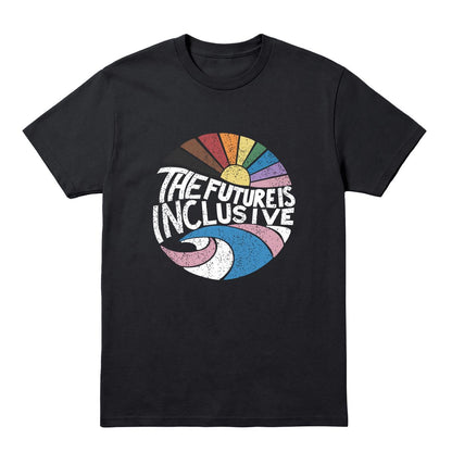 Black T-shirt with retro rainbow design and “The Future Is Inclusive” text