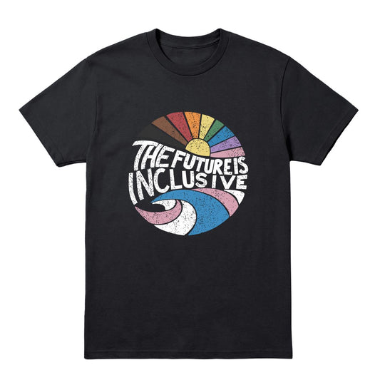 Black T-shirt with retro rainbow design and “The Future Is Inclusive” text