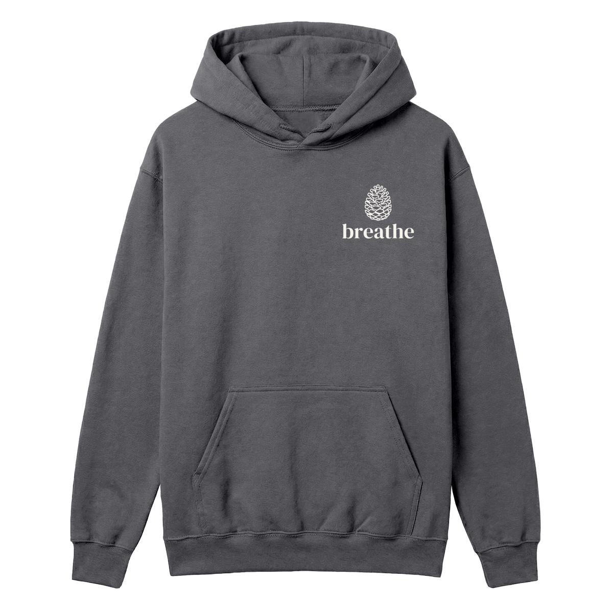 Charcoal hoodie with small pinecone graphic and “Breathe” text on the chest
