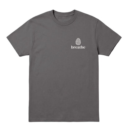 Charcoal T-shirt with small pinecone graphic and “Breathe” text on the chest