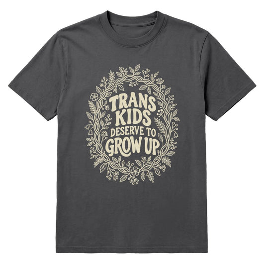 Vintage pepper t-shirt with Trans Kids Deserve to Grow Up botanical graphic in cream