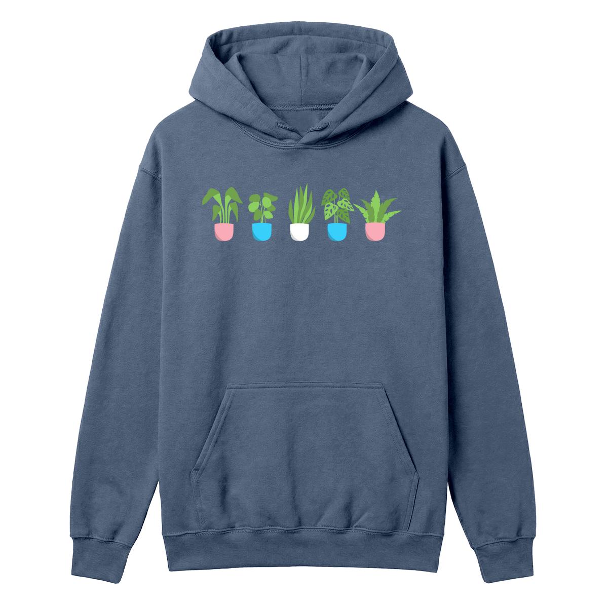 Indigo blue hoodie with five potted plant graphics in trans pride colours
