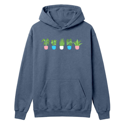 Indigo blue hoodie with five potted plant graphics in trans pride colours