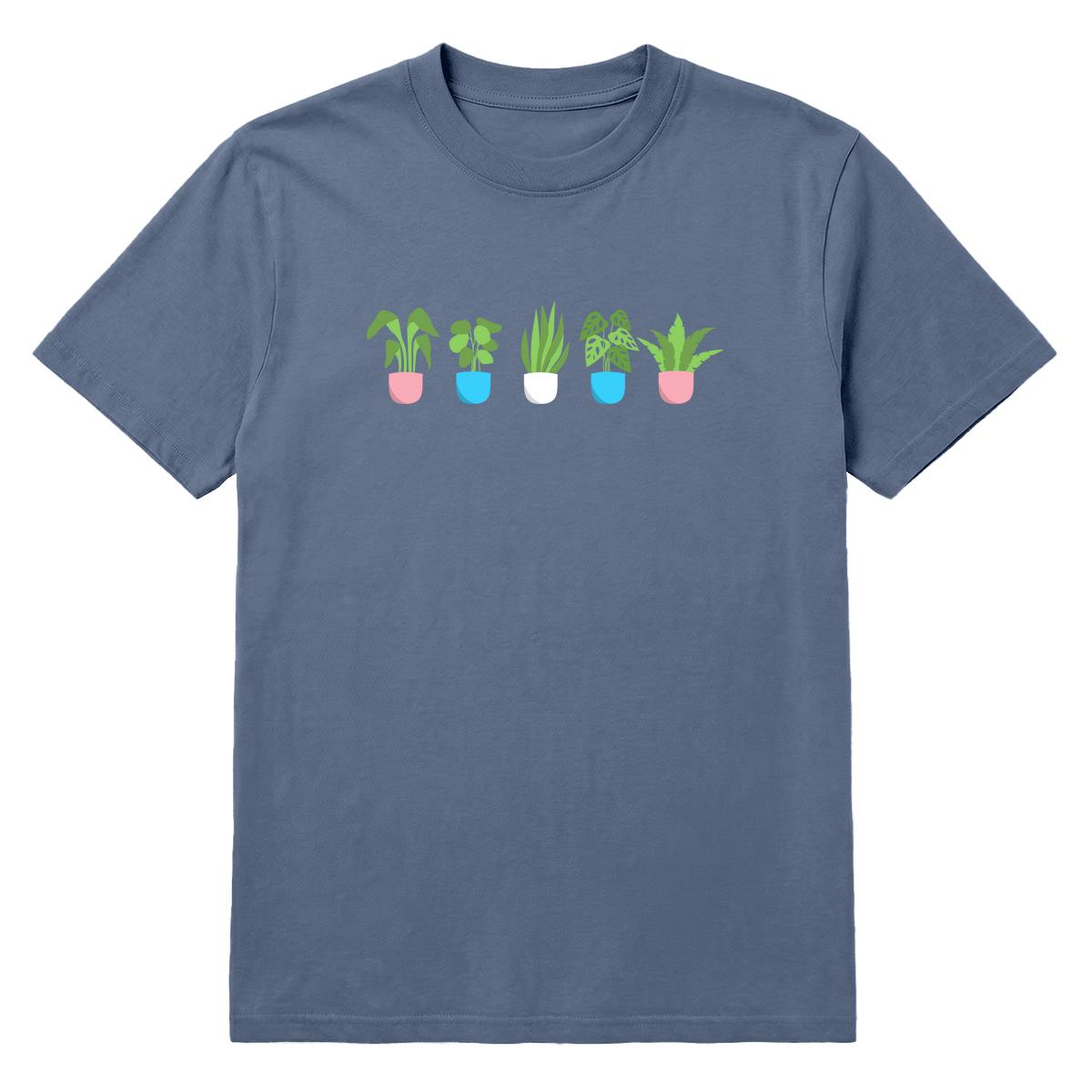 Denim blue T-shirt with five potted plant graphics in trans pride colours