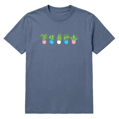 Denim blue T-shirt with five potted plant graphics in trans pride colours