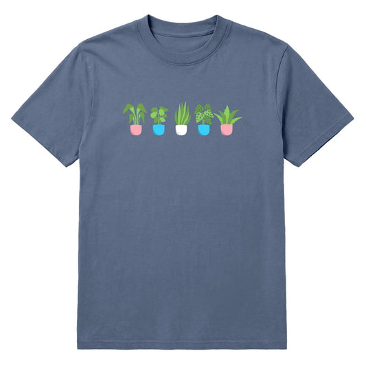 Denim blue T-shirt with five potted plant graphics in trans pride colours