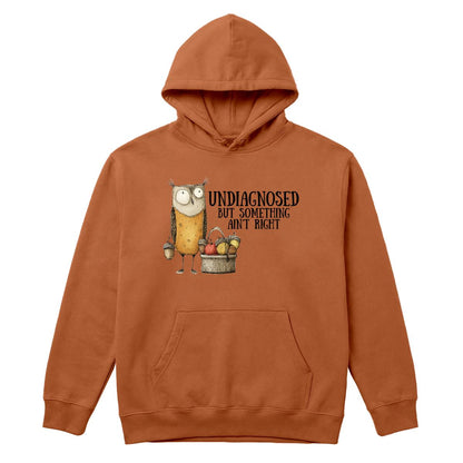 An orange-brown pullover hoodie with a front kangaroo pocket and a graphic of an owl next to a basket of fruit, with the text 'UNDIAGNOSED BUT SOMETHING IS RIGHT' printed on the chest, shown against a plain white background.