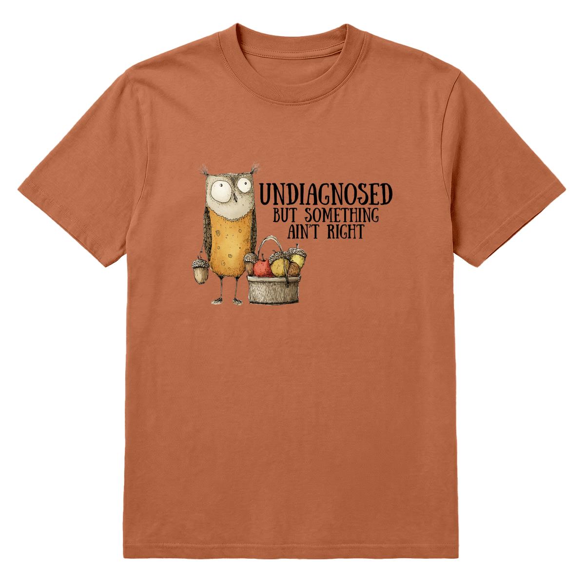 A rust-colored short-sleeve crewneck t-shirt featuring a cartoon owl standing next to a basket of fruits with the text 'UNDIAGNOSED BUT SOMETHING AIN'T RIGHT' printed on the front.