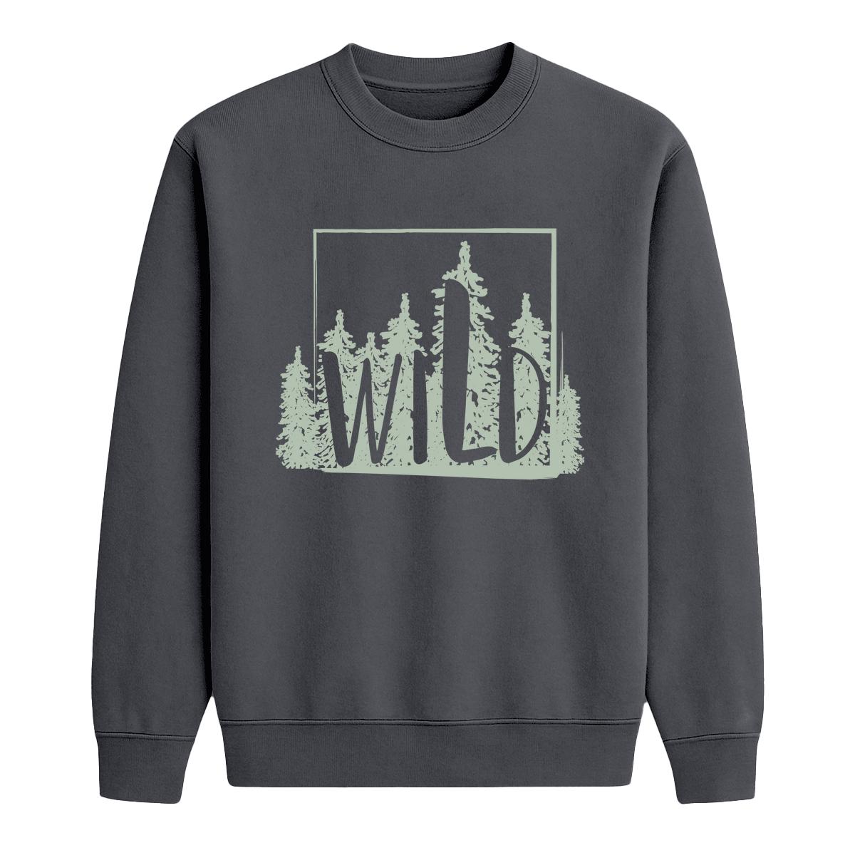 Charcoal crewneck sweatshirt with sage green pine tree graphic and “Wild” text