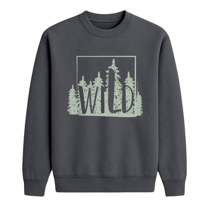 Charcoal crewneck sweatshirt with sage green pine tree graphic and “Wild” text