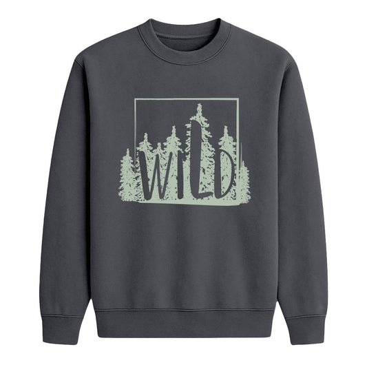 Charcoal crewneck sweatshirt with sage green pine tree graphic and “Wild” text