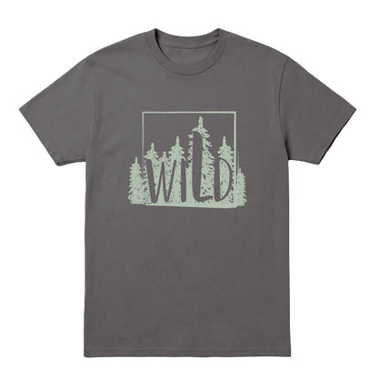 Charcoal T-shirt with sage green pine tree graphic and “Wild” text