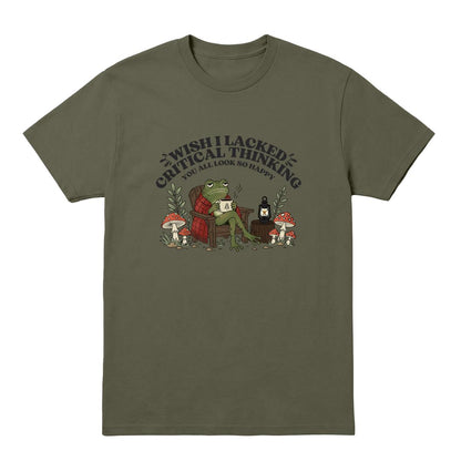A military green short-sleeve crewneck t-shirt featuring a graphic print of a green frog sitting in a red plaid chair, surrounded by mushrooms, with the text 'WISH I LACKED CRITICAL THINKING SO ALL LOOK SO HAPPY' arched above it.
