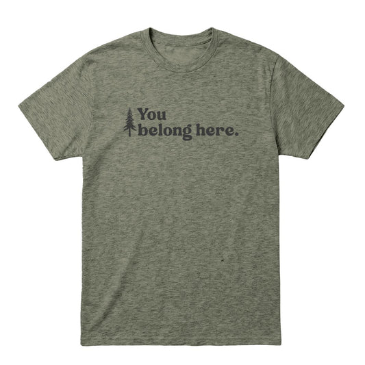 Heather military green T-shirt with pine tree graphic and “You Belong Here” text