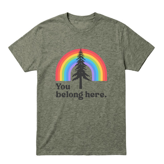 Heather military green T-shirt with rainbow and pine tree graphic and “You Belong Here” text
