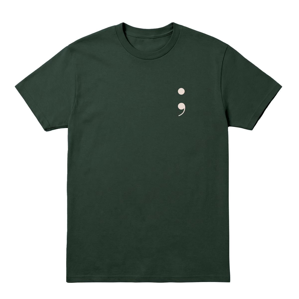 Forest green t-shirt with cream semicolon on a white background