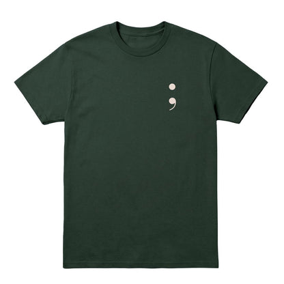 Forest green t-shirt with cream semicolon on a white background