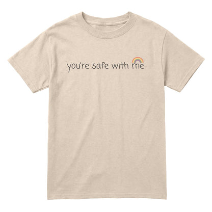 Sand youth T-shirt with rainbow graphic and “You’re Safe With Me” text
