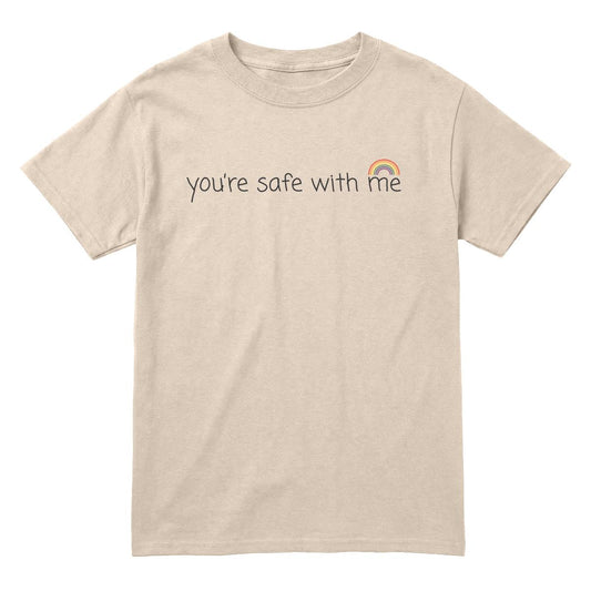 Sand youth T-shirt with rainbow graphic and “You’re Safe With Me” text